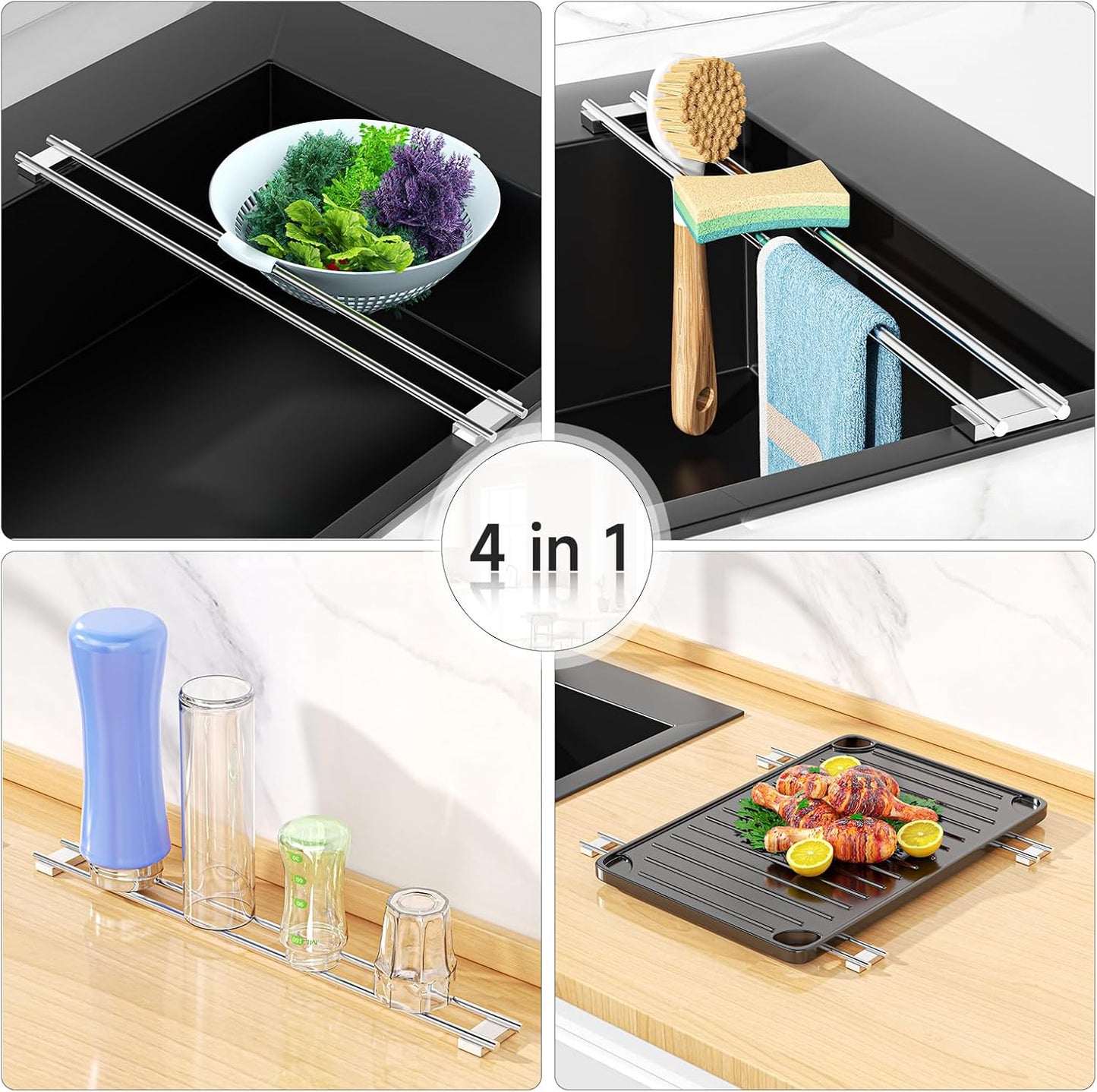 Dish Cloth Holder for Kitchen Sink, Adjustable Over-The-Sink Dish Rag Rack, Metal Kitchen Racks Sink Brush Holder, Drying Rack for Dishcloths, Sponges, Brushes, and Bottles (1, Sliver)