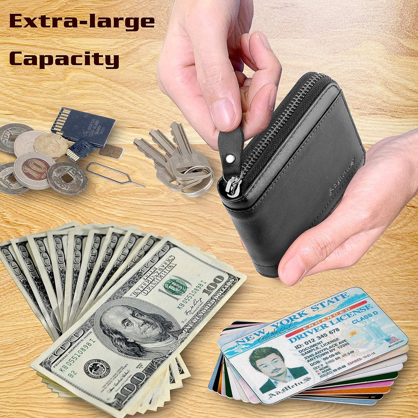 Mens RFID Blocking Wallets Zipper Leather Wallet for Men Bifold RFID Card Holder