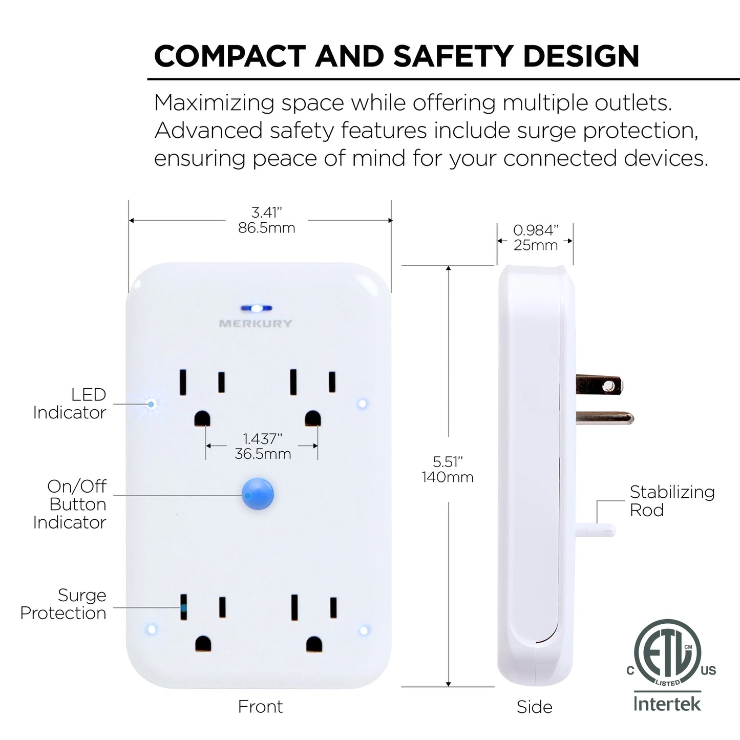 Merkury Innovations Smart 4-Outlet Wall Extender, 15A 1800W, Wi-Fi Enabled, Works with Alexa & Google Assistant – White
