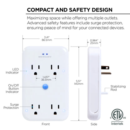 Merkury Innovations Smart 4-Outlet Wall Extender, 15A 1800W, Wi-Fi Enabled, Works with Alexa & Google Assistant – White