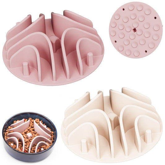 Nopisen 2 Pcs Slow Feeder Pet Bowls Insert，Soft Silicone Anti-Choking Slow Feeder Dog Bowl Insert with Strong Suction Cups Slow Feeder for Most Dogs Bowl or Dogs Dish (White+Pink)