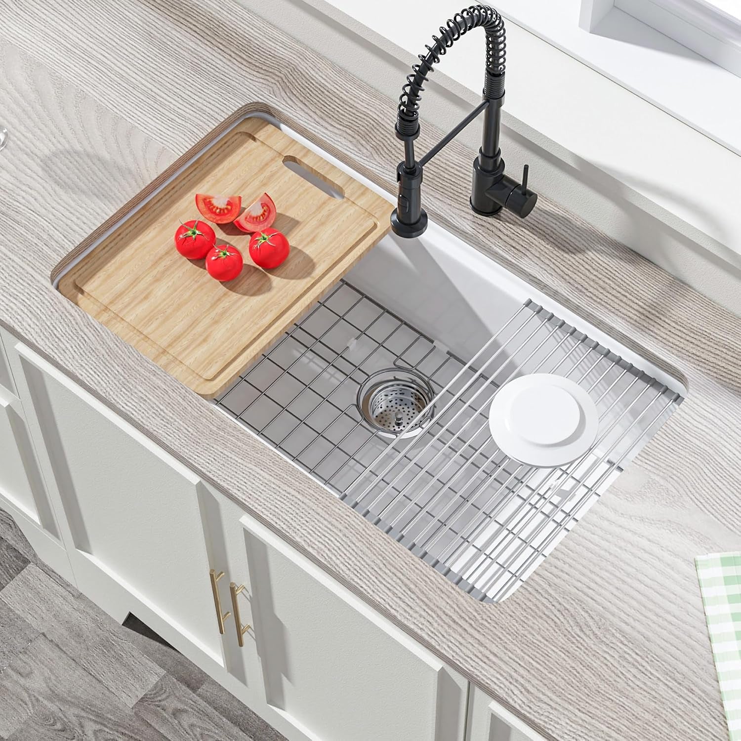 White Undermount or Drop in Workstation Kitchen Sink 33 X 19 Inch | for Kitchen, Fireclay Large Single Bowl, Dual Mount: under or Top Mount, Resistant to Stain, Heat, Chipping & Scratchs