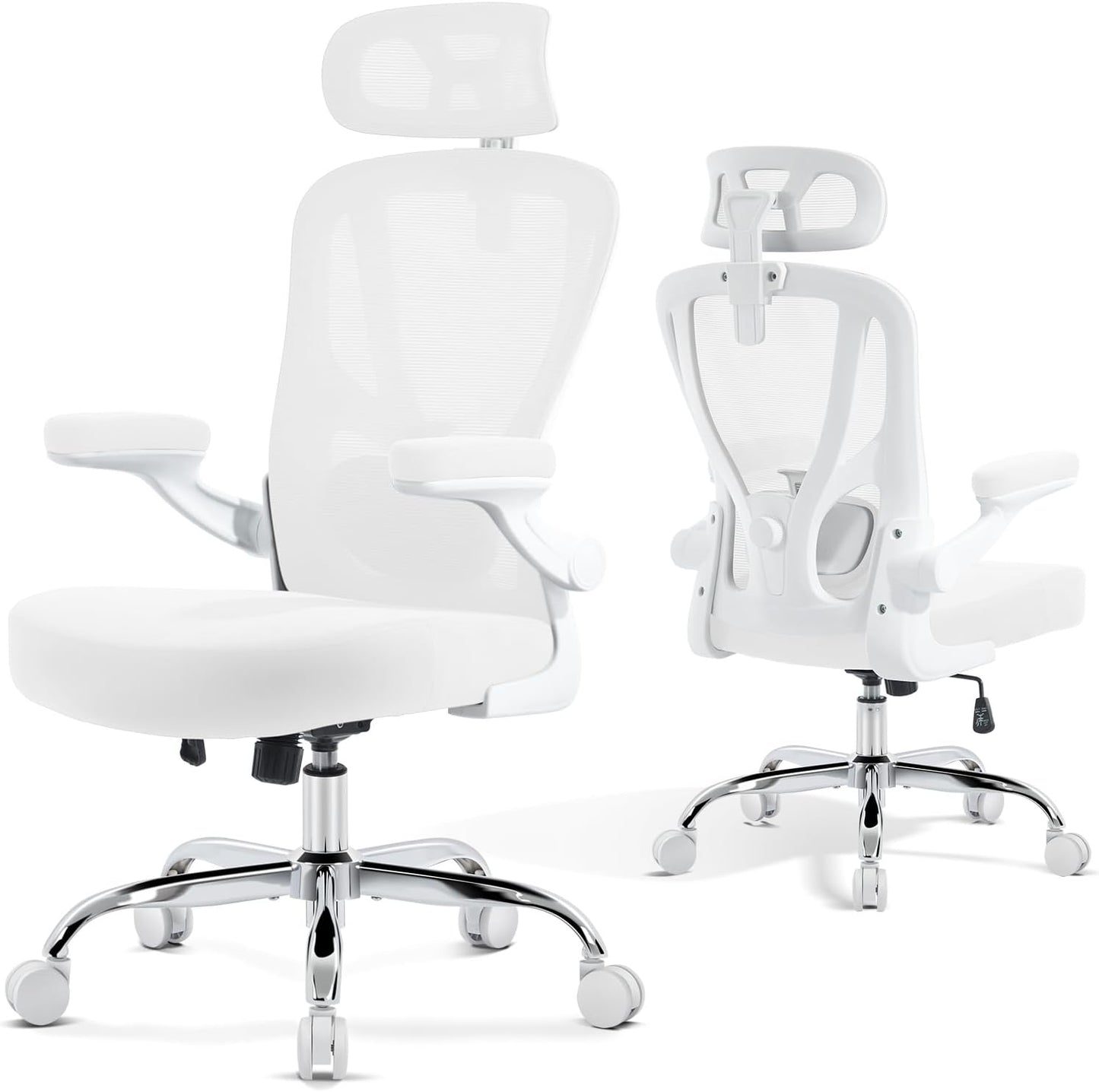 Office Chair Ergonomic Office Chair with Lumbar Support, Head Support, Rocking Function, Flip-Up Armrests, Mesh High Back Chair Home Office Desk Chair, Suitable for Home, Office, White