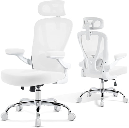 Office Chair Ergonomic Office Chair with Lumbar Support, Head Support, Rocking Function, Flip-Up Armrests, Mesh High Back Chair Home Office Desk Chair, Suitable for Home, Office, White