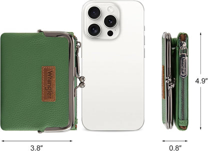 Wrangler Women'S Wallet RFID Blocking Wallets Small Bifold Credit Card Holder with Kiss Clasp Green