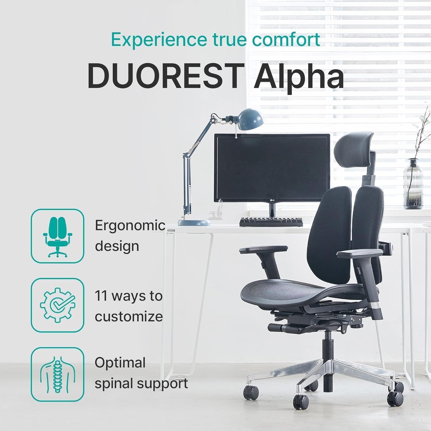 【Dual-Backrests】 Alpha - Ergonomic Office Chair, Breathable Mesh Office Chair, Synchronized Tension Tilt, Posture and Pressure Distribution, Fully Adjustable Headrest and Armrest (Black)