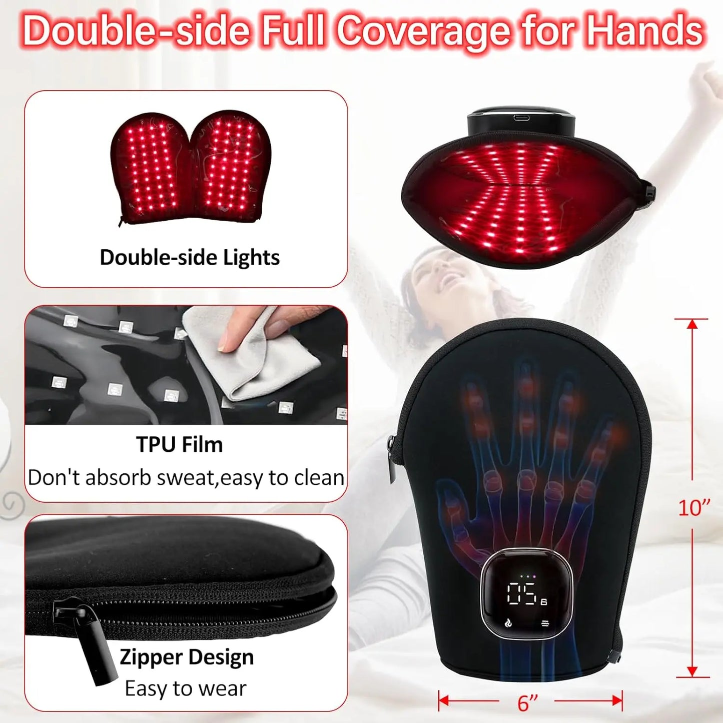 Rechargeable LED near Infrared Light Therapy Glove，Red Light Therapy for Hand Pain Relief with 660Nm Red & 850Nm Infrared Light