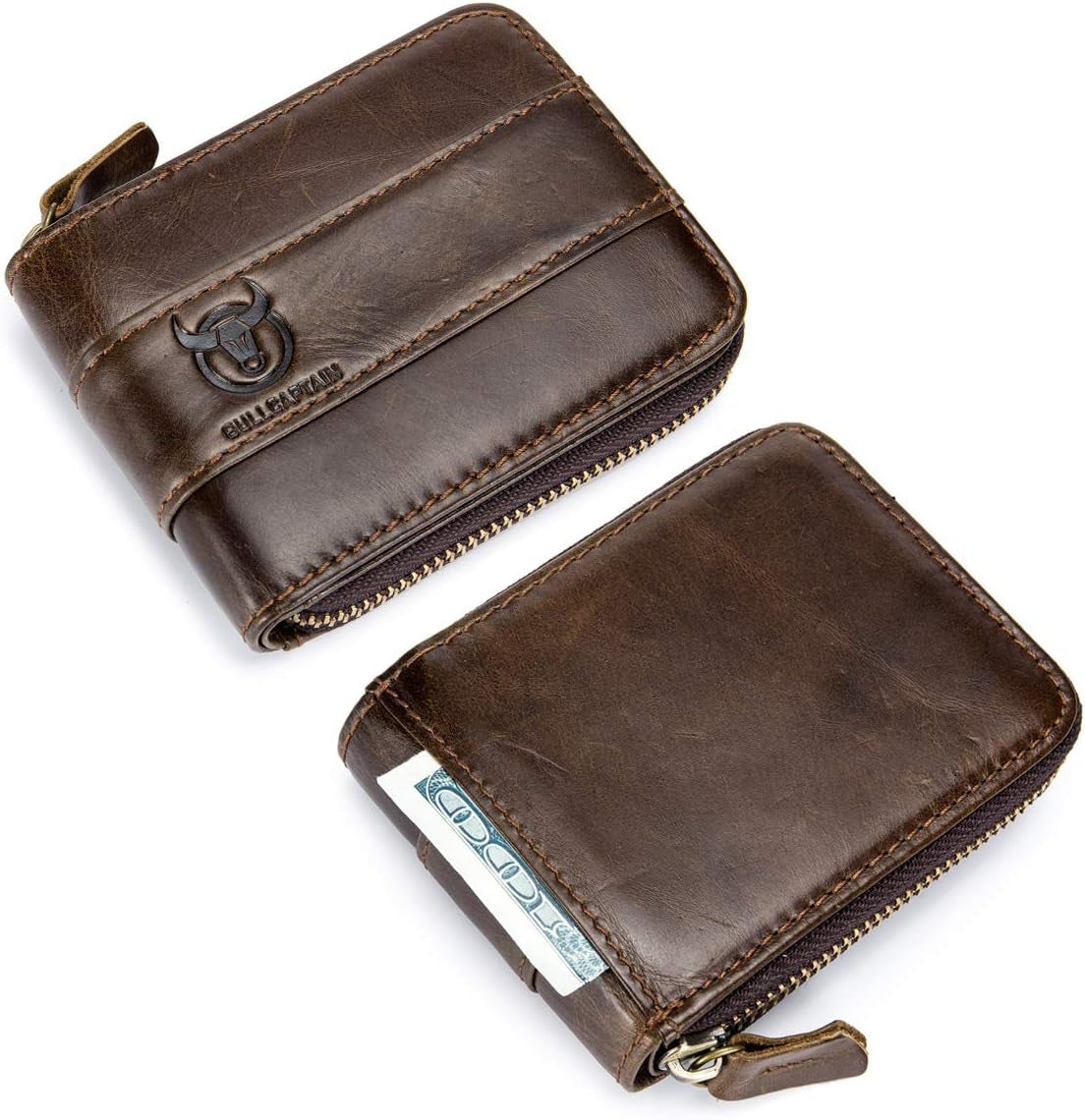 Mens Leather Wallet Zipper RFID Blocking Wallets Coins Purse (Deep Brown)