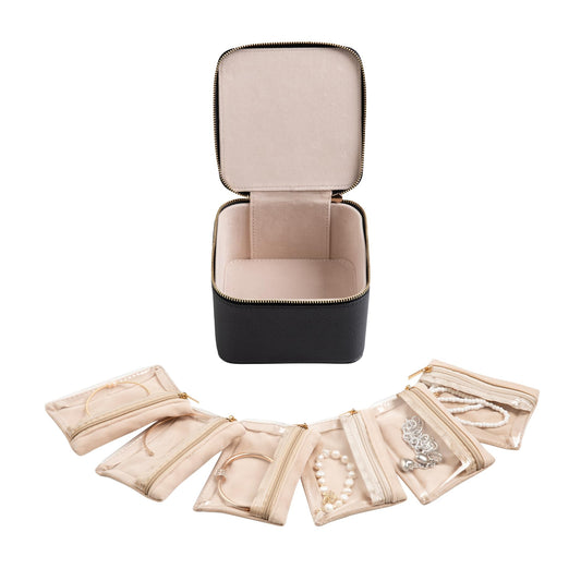 Frebeauty Small Travel Jewelry BoxTravel Jewelry Case with 6 Pouch BagsPortable Travel Jewelry OrganizerMini Jewelry Storage3.35 x 4.9 x 4.8 InchesGift Idea for Women Girls(Black)