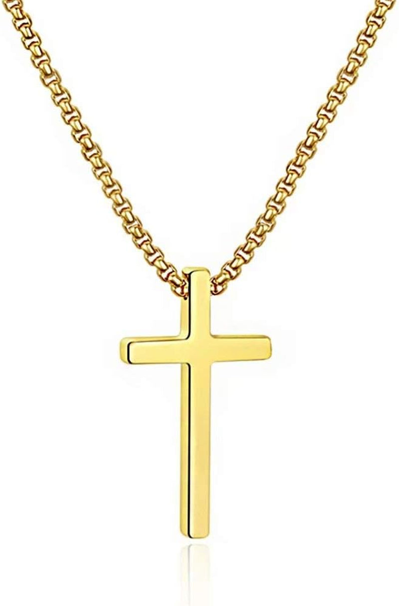 Cross Necklace for Men Teen Boys, Silver Black Gold Stainless Steel Plain Cross Pendant Necklace Box Chain 16-30 Inch