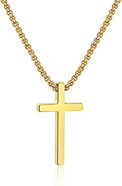 Cross Necklace for Men Teen Boys, Silver Black Gold Stainless Steel Plain Cross Pendant Necklace Box Chain 16-30 Inch