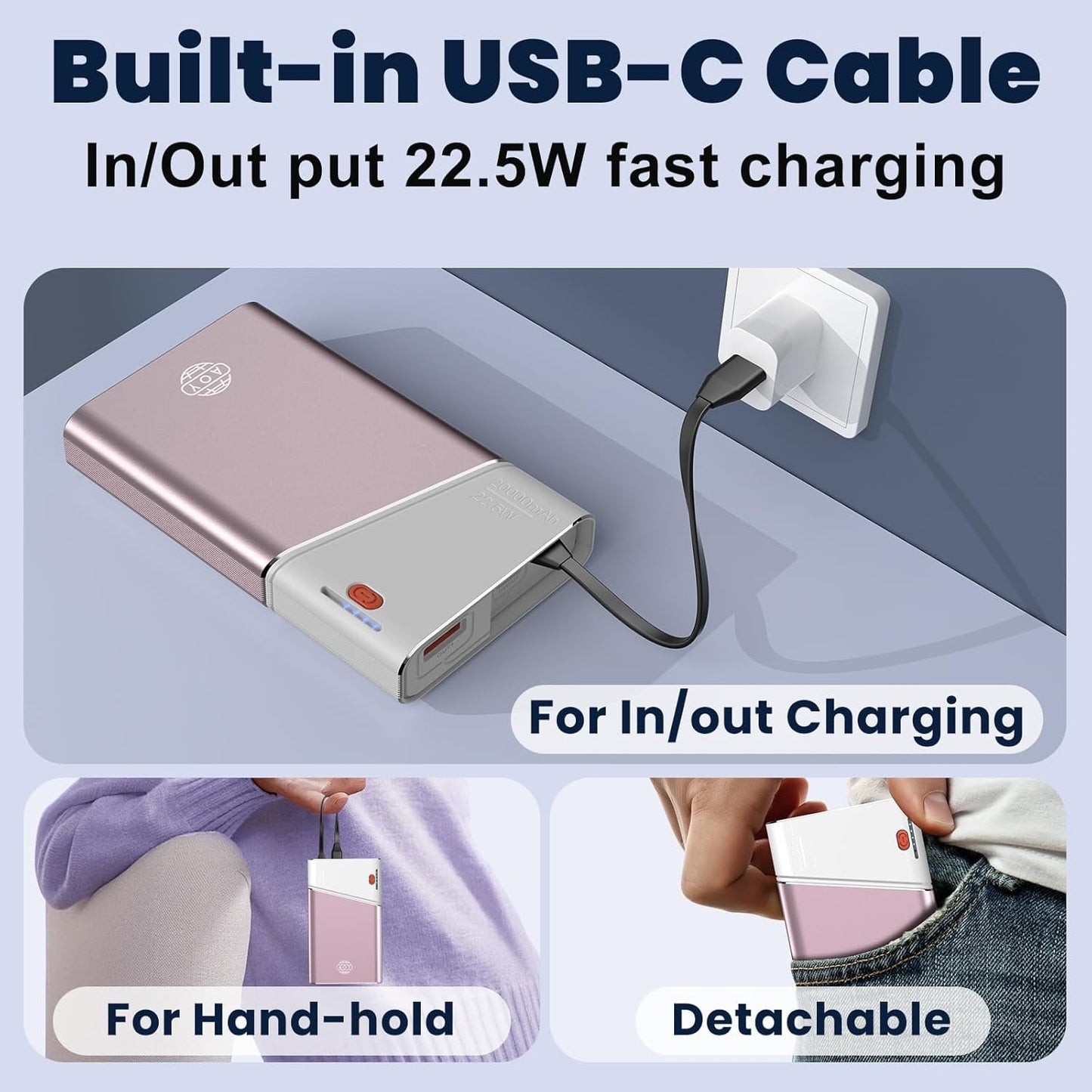 Portable Charger Power Bank, 20000Mah 22.5W PD Fast Charging Powerbank with Built-In USB C Cable, External Phone Battery Pack for Iphone 17/16/15 Samsung S24 Android Etc, Pink