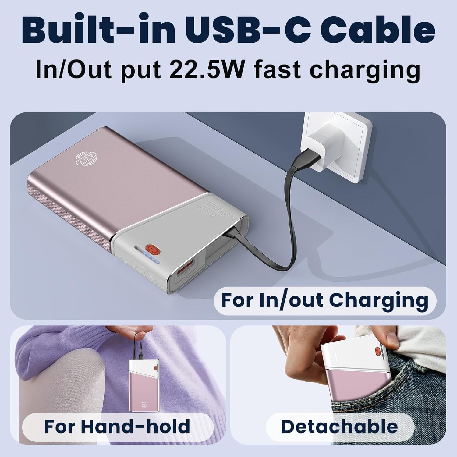 Portable Charger Power Bank, 20000Mah 22.5W PD Fast Charging Powerbank with Built-In USB C Cable, External Phone Battery Pack for Iphone 17/16/15 Samsung S24 Android Etc, Pink