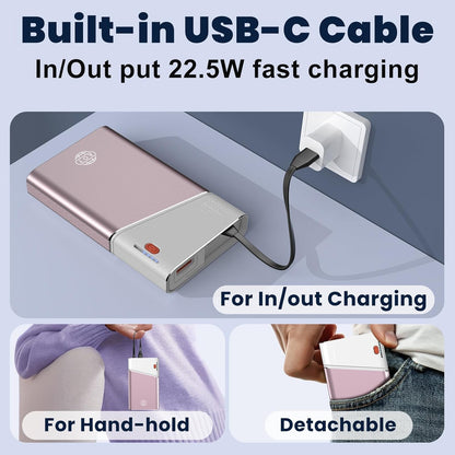 Portable Charger Power Bank, 20000Mah 22.5W PD Fast Charging Powerbank with Built-In USB C Cable, External Phone Battery Pack for Iphone 17/16/15 Samsung S24 Android Etc, Pink