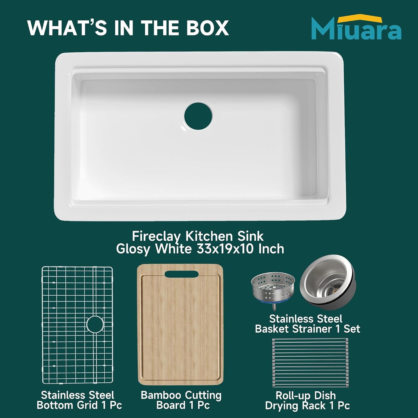 White Undermount or Drop in Workstation Kitchen Sink 33 X 19 Inch | for Kitchen, Fireclay Large Single Bowl, Dual Mount: under or Top Mount, Resistant to Stain, Heat, Chipping & Scratchs