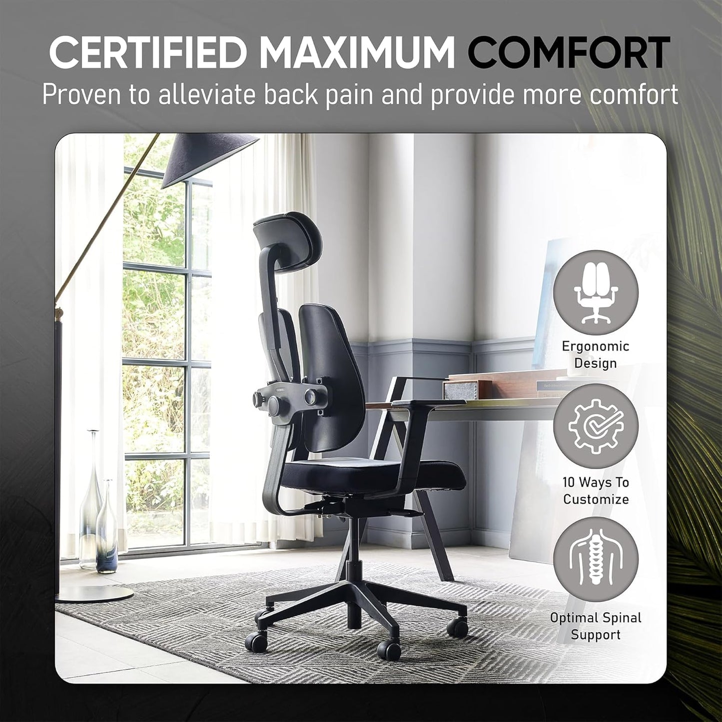 [Premium Dual-Backrests] Ergonomic Office Chair L Reduces Pressure by 50% - Leather Chair, Office Chair for Lumbar Support L Home Desk Chairs L Office Chair Back Support Made in Korea (Black Leather)