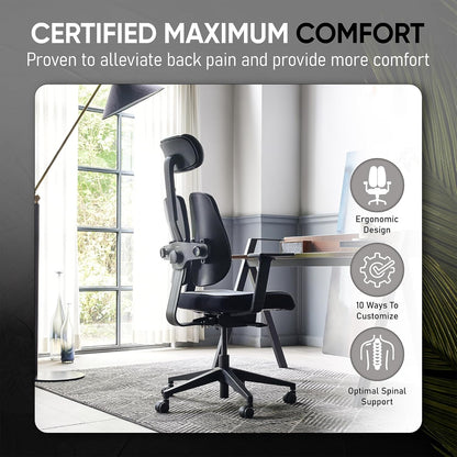 [Premium Dual-Backrests] Ergonomic Office Chair L Reduces Pressure by 50% - Leather Chair, Office Chair for Lumbar Support L Home Desk Chairs L Office Chair Back Support Made in Korea (Black Leather)