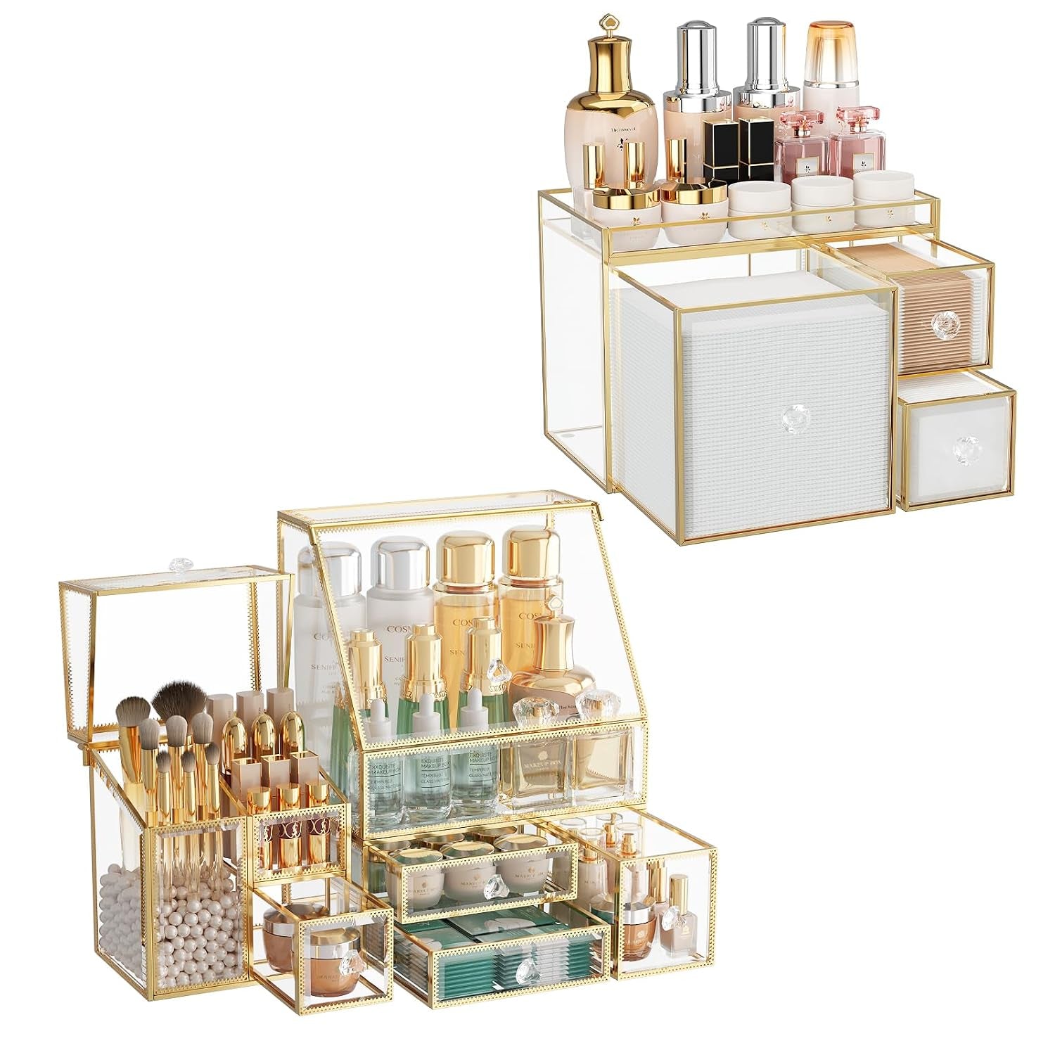 Clear Makeup Organizer Countertop with Gold Frame for Vanity Skincare + Tempered Glass Disposable Face Towel Holder with 3 Drawers for Bathroom Storage