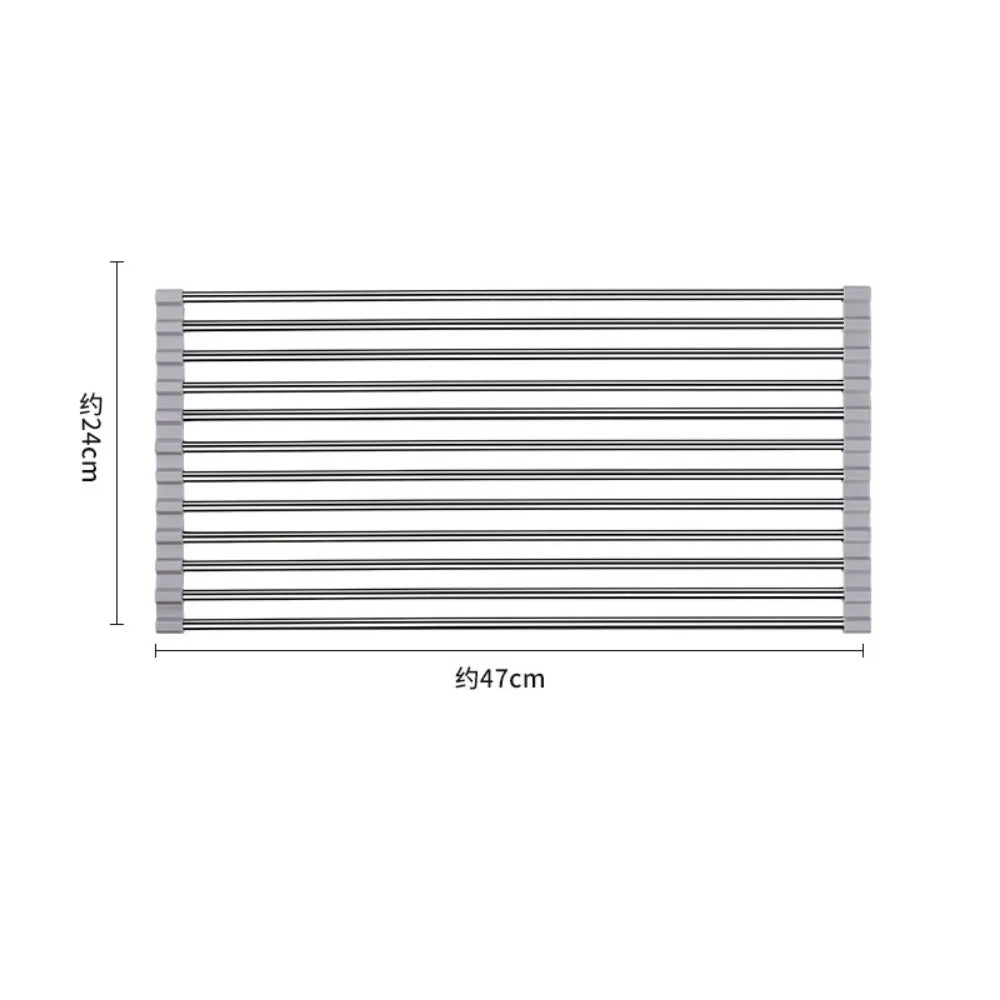 Rollable Foldable Stainless Steel Sink Drying Rack Kitchen Multifunctional Dish Drainer for Vegetable Fruit Storage