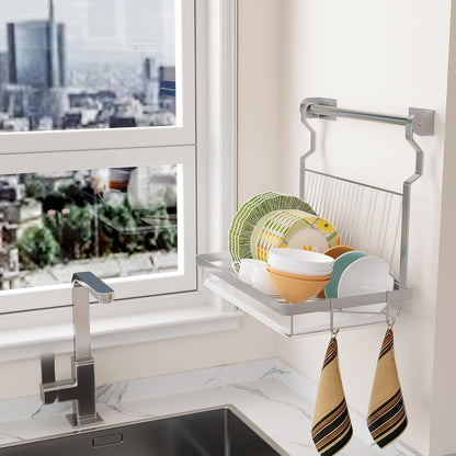 over Sink Dish Drainer Drying Rack, Stainless Steel Foldable Wall Mounted Dish Racks with Drainboard Hanging Rod and Sponge Holder, Silver