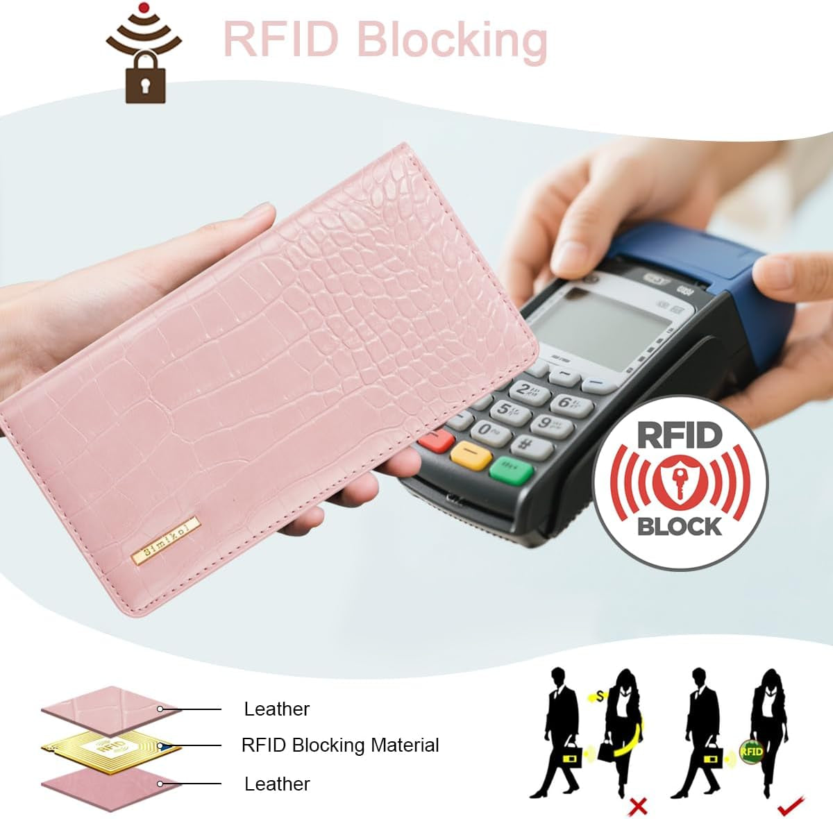Wallet Women Bifold Faux Crocodile Leather Minimalist Slim Thin Long Wallets RFID Blocking Credit Cards Holder Purse with Back Zipper Coin Pocket for Women and Men,Pink
