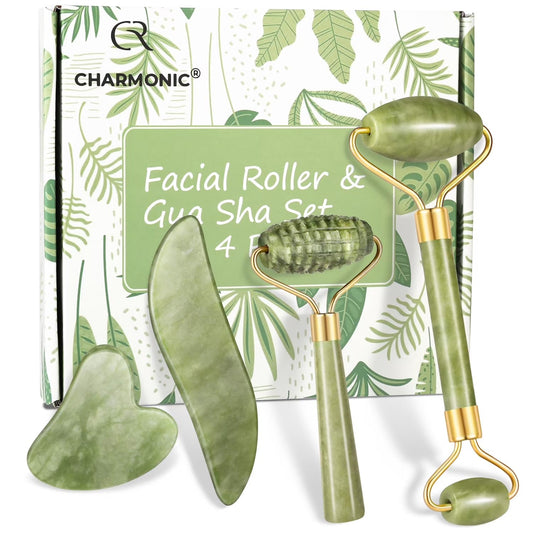 4-Pcs Jade Roller & Gua Sha Set, Facial Roller Massager with Gua Sha Scraping Tool, Jade Stone Massager for Anti-Aging, Slimming & Firming, Rejuvenate Face and Neck, Remove Wrinkles & Eye Puffiness