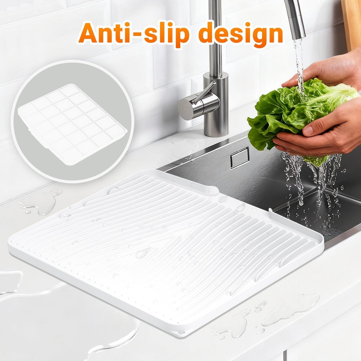 Silicone Dish Drying Mat for Kitchen Counter,Dish Drying Pad,Non-Slip Drain Pad with Built-In Drain,Heat Resistant Stone Drying Mat,15.8"X 13",Ivory