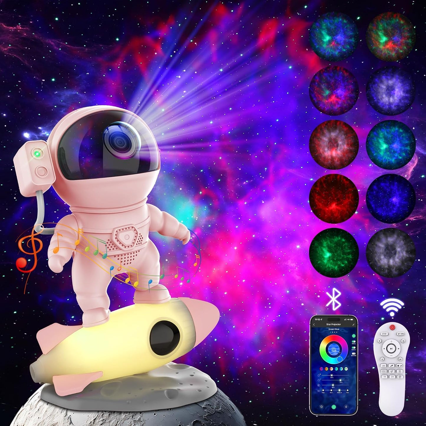 Astronaut Galaxy Projector, Star Nebula Projector with Rocket Lamp, Night Lights LED Star Projectors for Bedroom, Remote Control, White Noises, Bluetooth Speaker for Bedroom