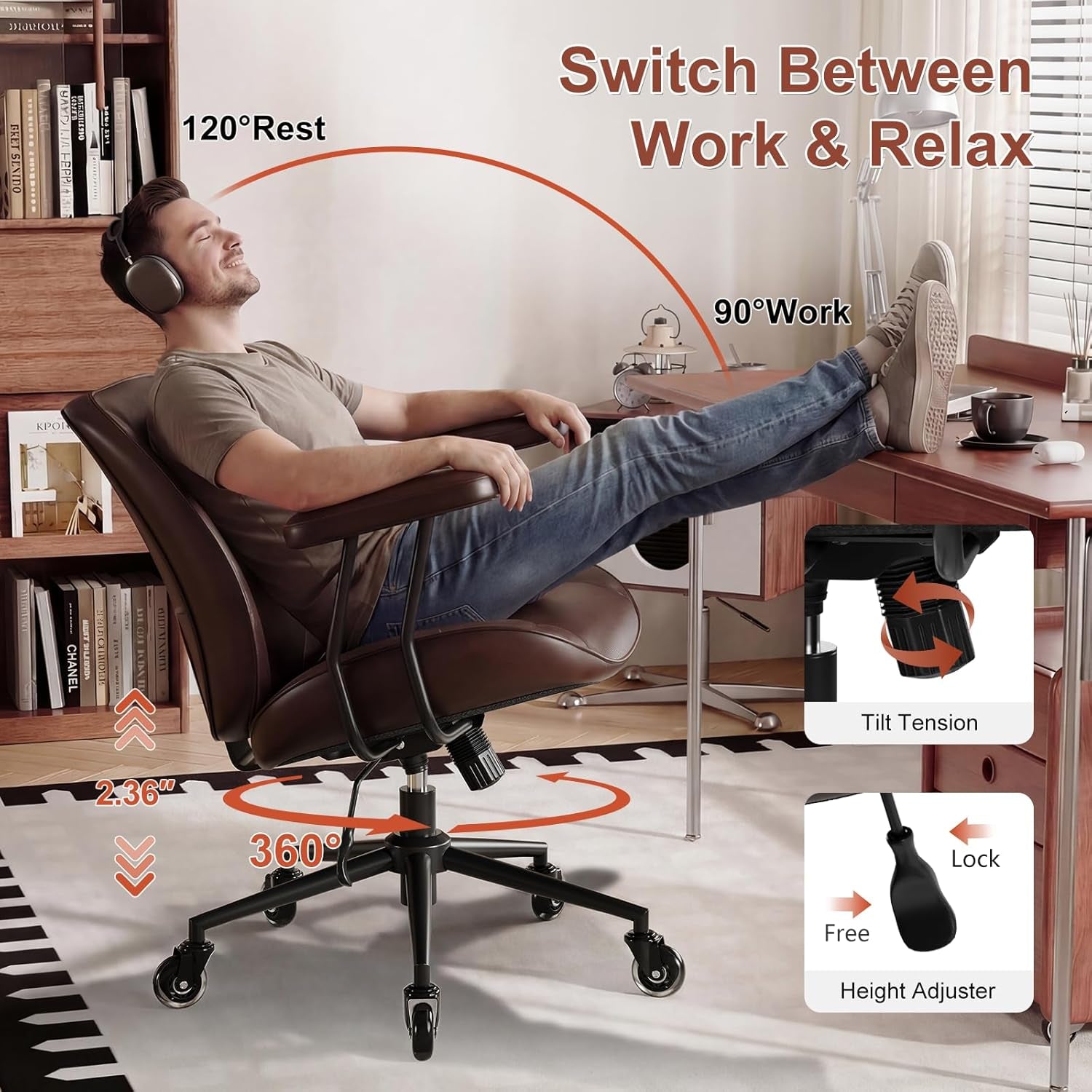 Home Office Desk Chair, Adjustable Comfy Office Chair with Wheels,Leather Office Chair with Removable Armrests, Office Desk Chair with Lumbar Support for Home Office or Workspace, Dark Brown