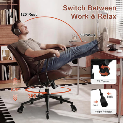 Home Office Desk Chair, Adjustable Comfy Office Chair with Wheels,Leather Office Chair with Removable Armrests, Office Desk Chair with Lumbar Support for Home Office or Workspace, Dark Brown