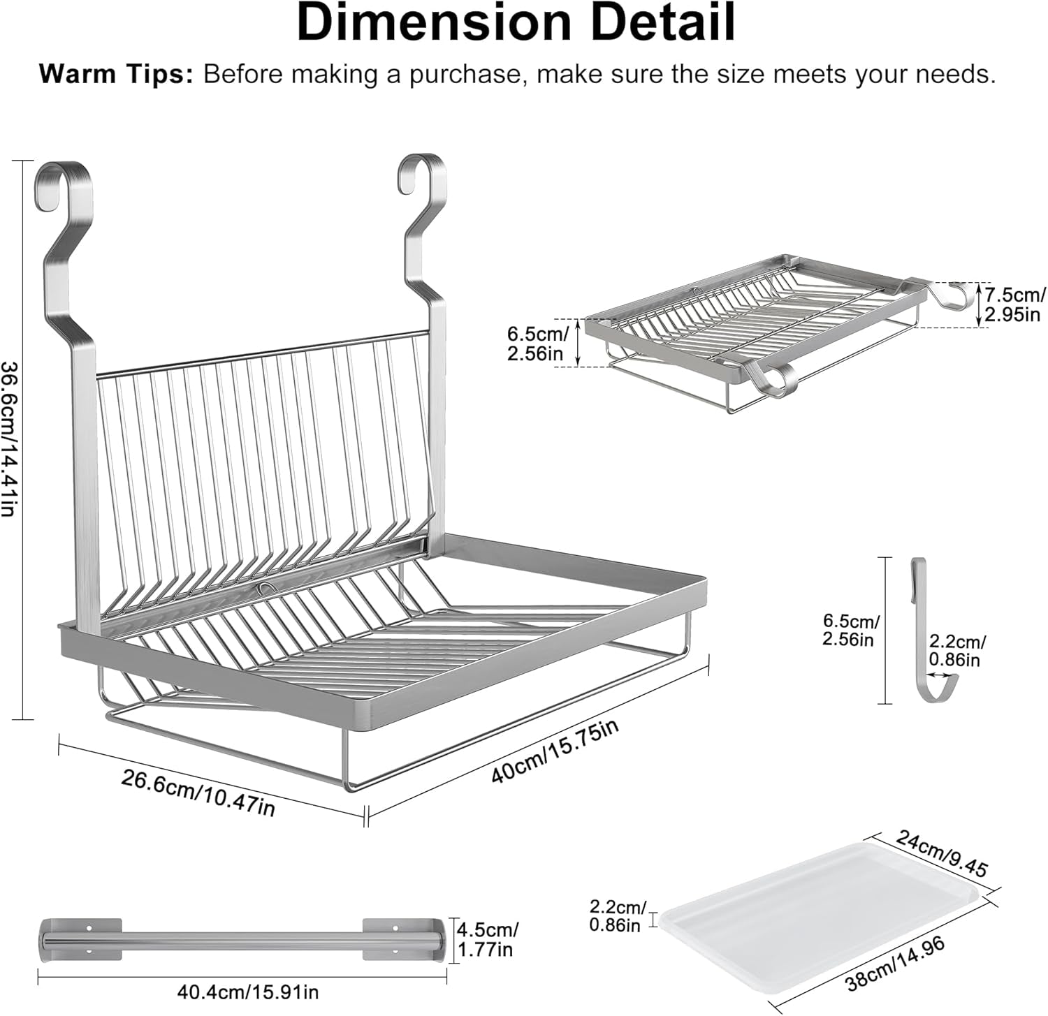 over Sink Dish Drainer Drying Rack, Stainless Steel Foldable Wall Mounted Dish Racks with Drainboard Hanging Rod and Sponge Holder, Silver