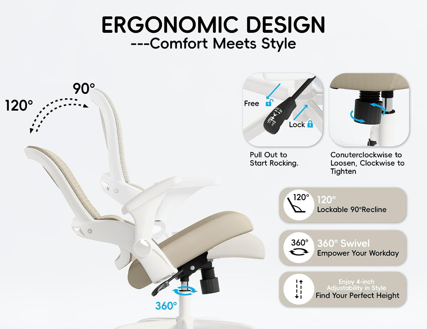 Office Chair - Ergonomic Office Chair with Back Support, Home Office Desk Chairs, Comfy Desk Chair, Computer Chair, 330Lbs Wide Seat Big and Tall Office Chairs for Office Workers (Beige)