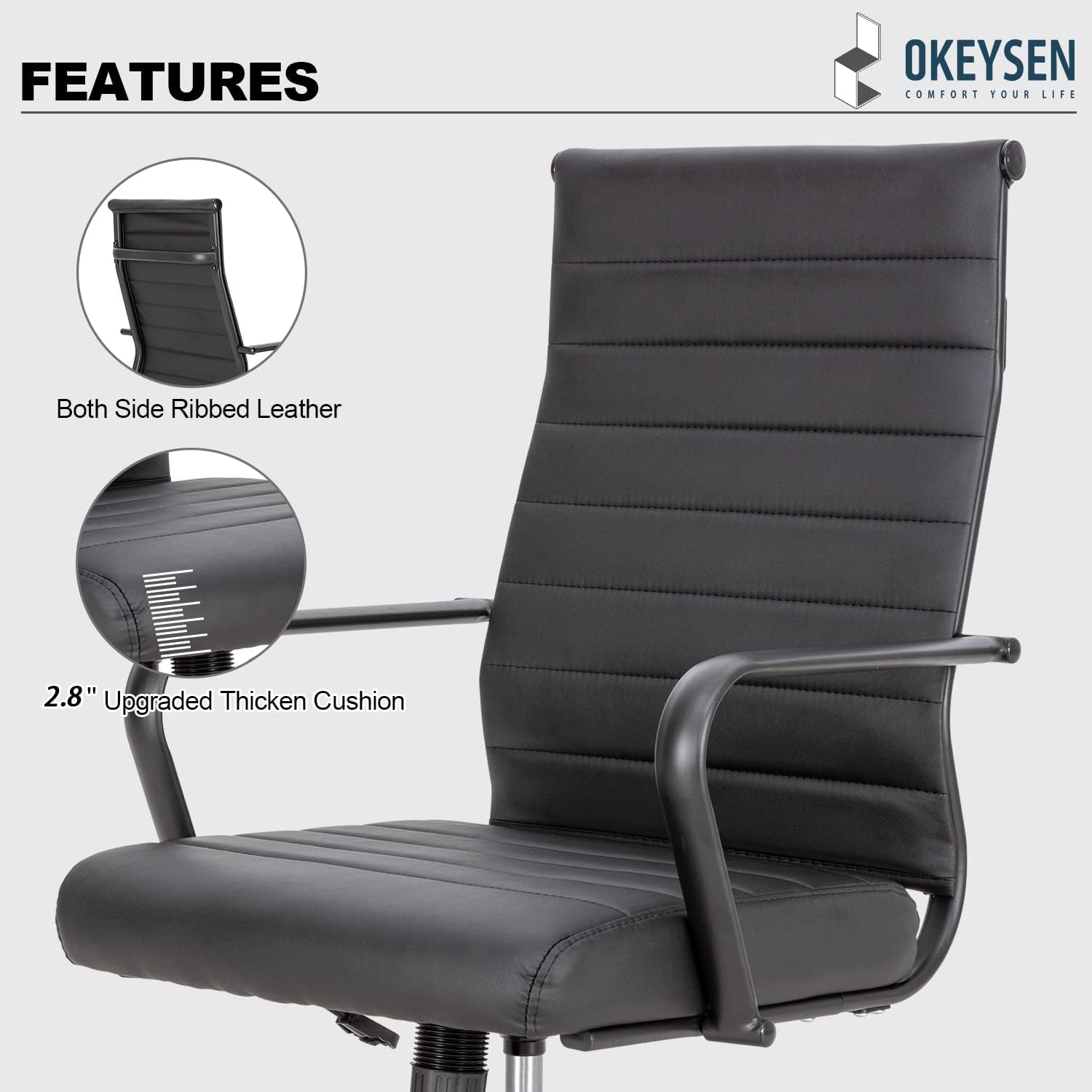 Okeysen Black Office Chair, Ergonomic Leather Modern Office Chair, Executive Ribbed Height Adjustable Swivel Rolling Chair for Home Office.