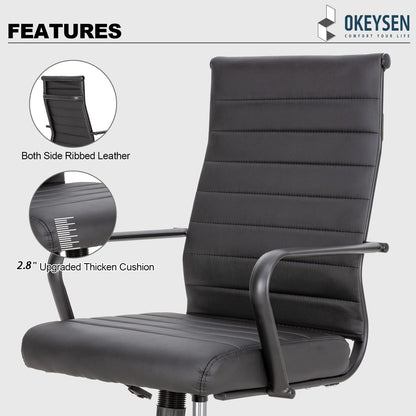 Okeysen Black Office Chair, Ergonomic Leather Modern Office Chair, Executive Ribbed Height Adjustable Swivel Rolling Chair for Home Office.