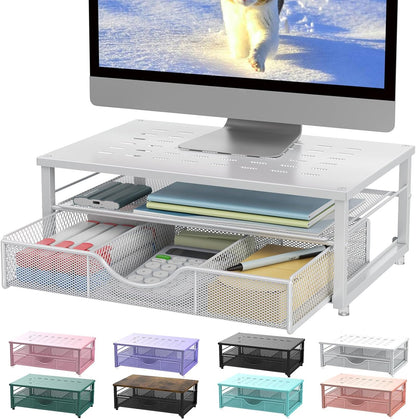 Computer Monitor Stand Riser, Office Organizer with Drawer, Office Organizers Storage for Classroom Office Supplies (White)