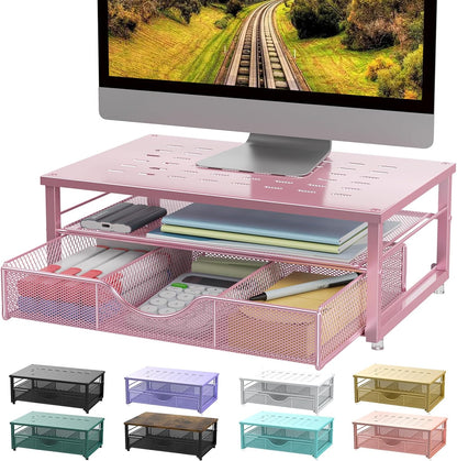 Computer Monitor Stand Riser, Office Organizer with Drawer, Office Organizers Storage for Classroom Office Supplies (Pink)