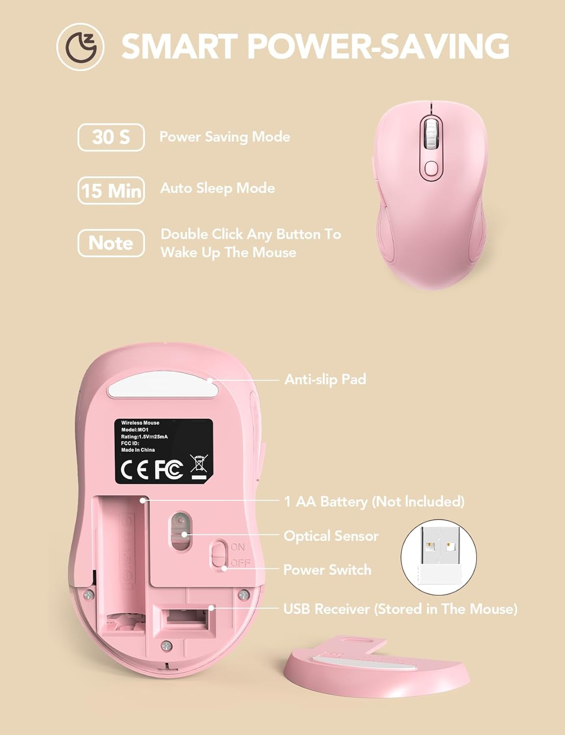 Wireless Mouse for Laptop, 2.4Ghz Ergonomic Computer Mouse with Back & Forward Buttons, 3 Adjustable DPI Levels, 6 Buttons, Optical USB Cordless Mice for Windows Macbook PC, M01 (Baby Pink)