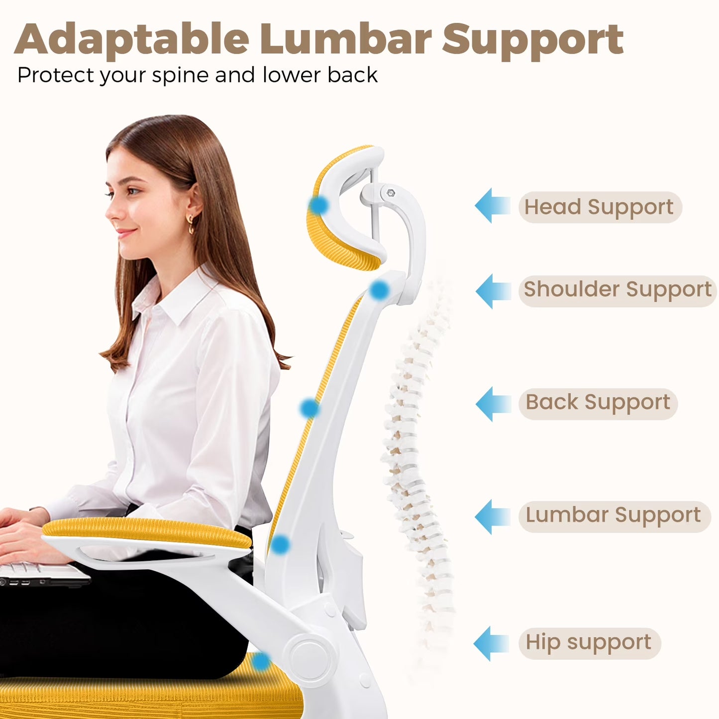 Office Chair Ergonomic Desk Chair, High Back Office Chair with Headrest, Big and Tall Comfy Home Office Desk Chair Lumbar Support Breathable Mesh Office Chair, Yellow