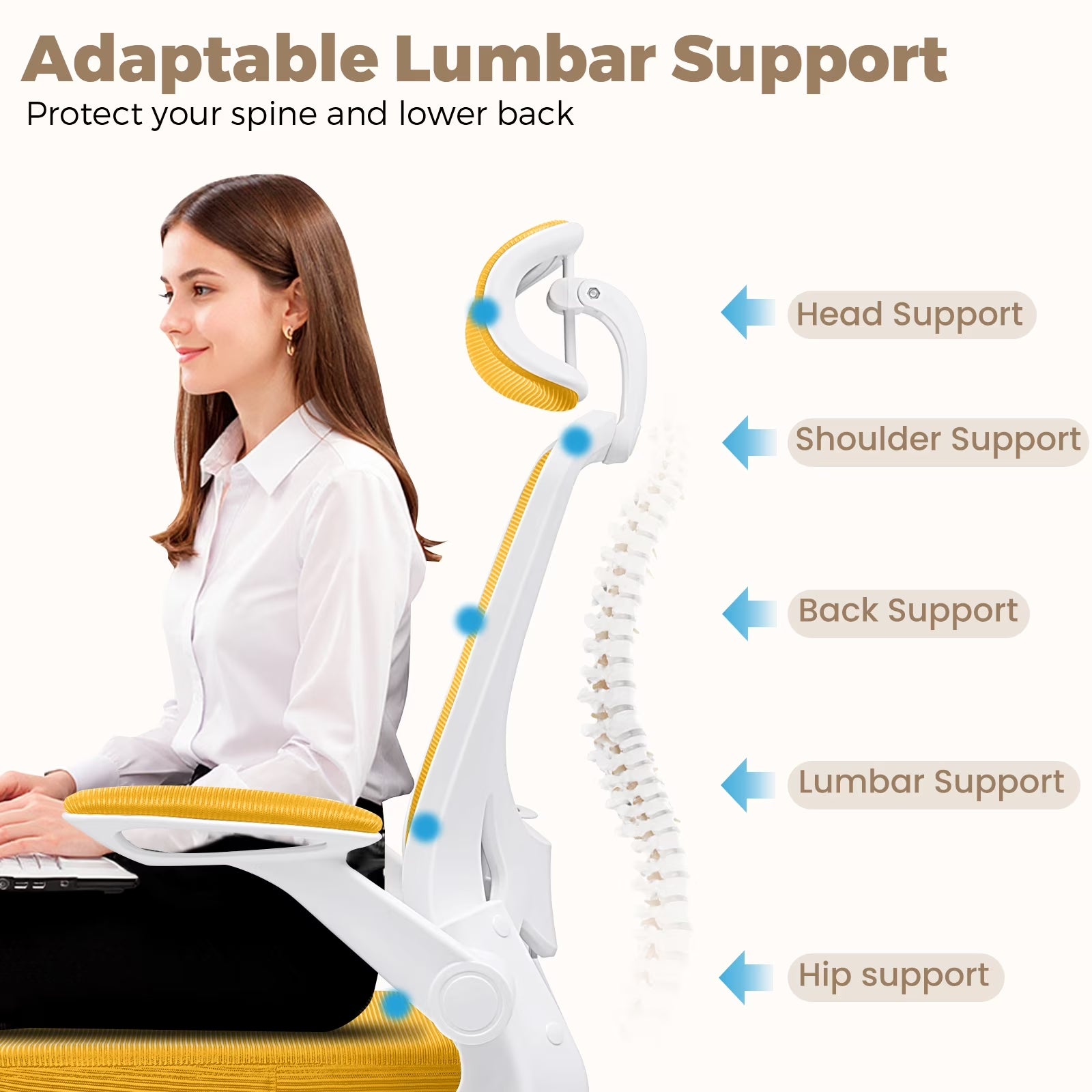 Office Chair Ergonomic Desk Chair, High Back Office Chair with Headrest, Big and Tall Comfy Home Office Desk Chair Lumbar Support Breathable Mesh Office Chair, Yellow