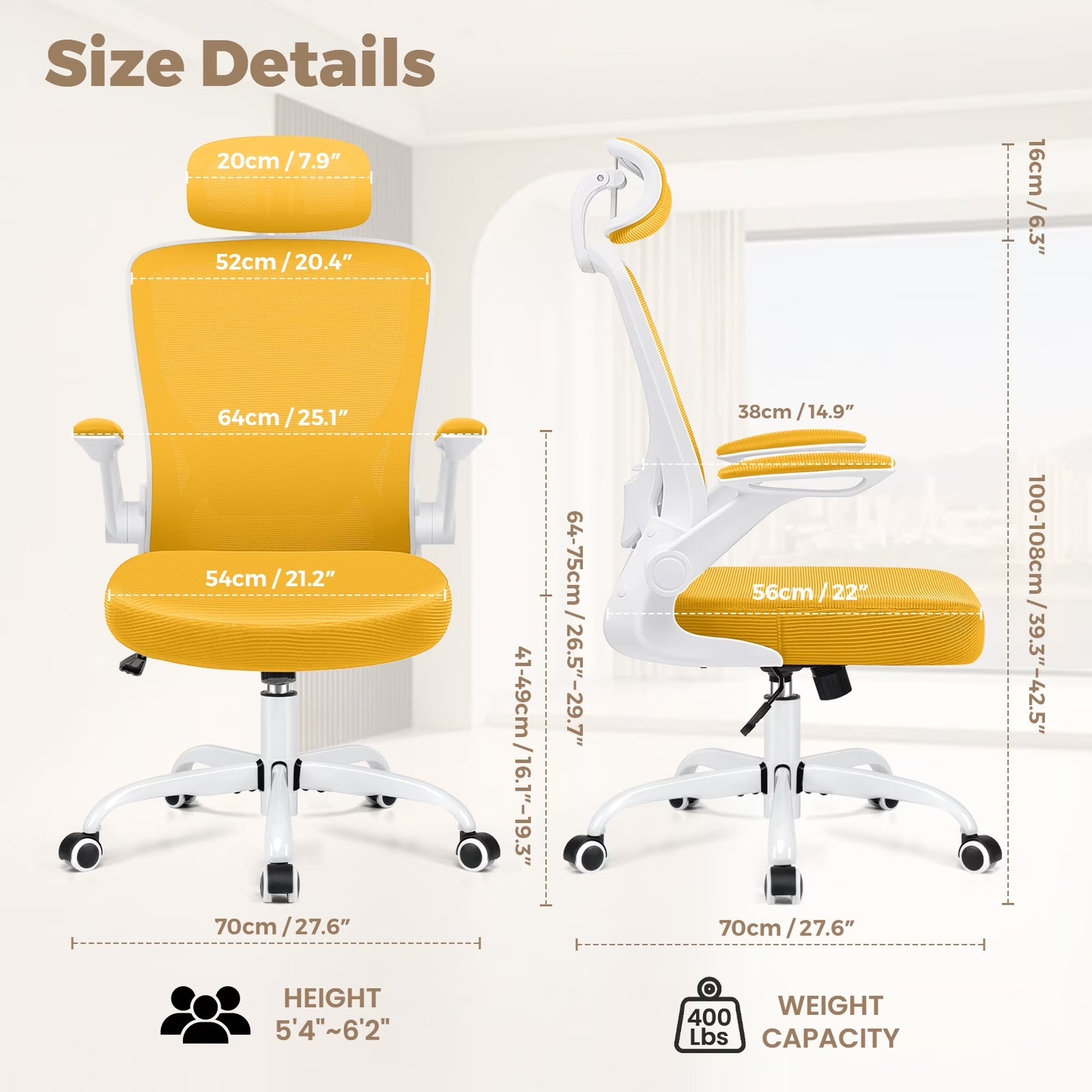 Office Chair Ergonomic Desk Chair, High Back Office Chair with Headrest, Big and Tall Comfy Home Office Desk Chair Lumbar Support Breathable Mesh Office Chair, Yellow