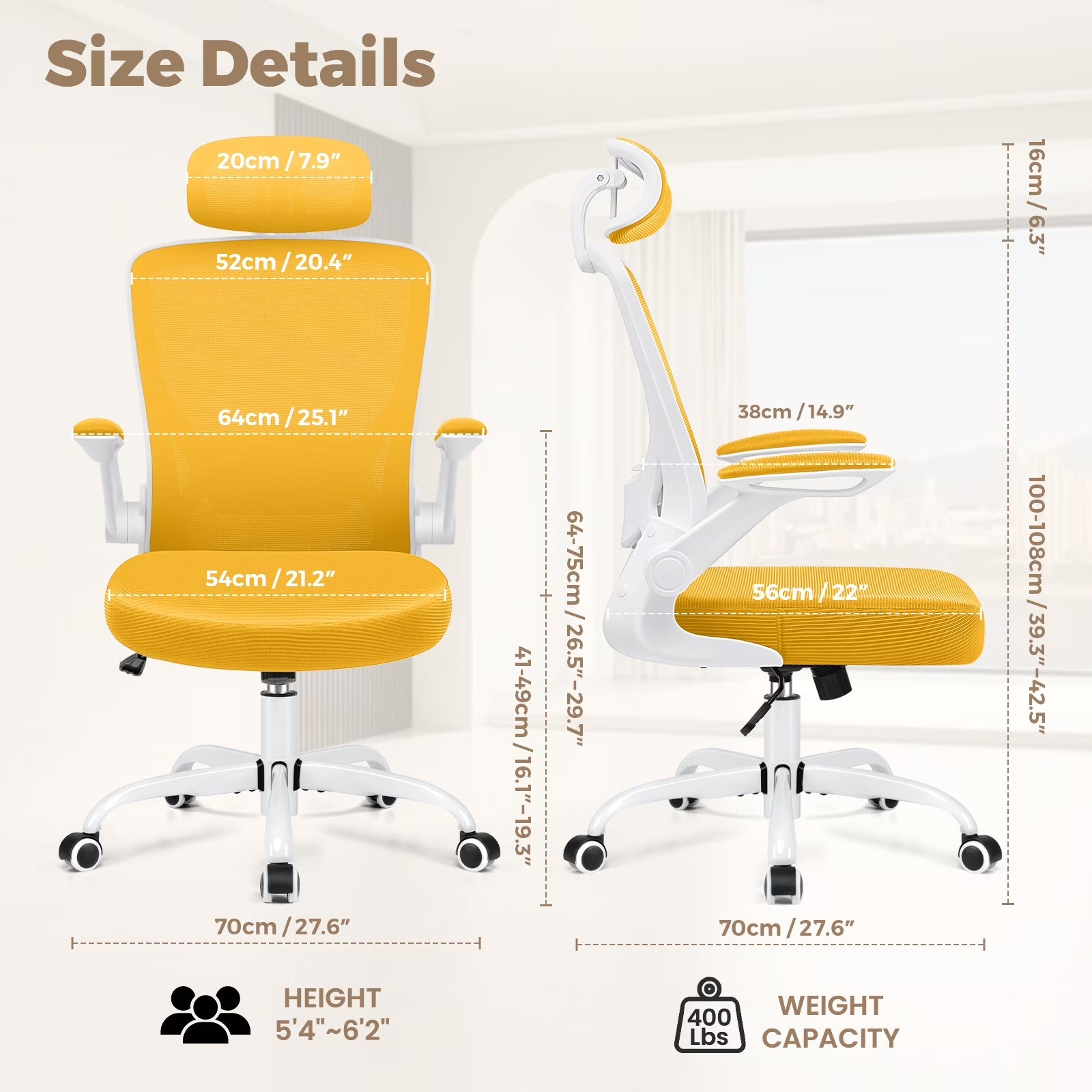 Office Chair Ergonomic Desk Chair, High Back Office Chair with Headrest, Big and Tall Comfy Home Office Desk Chair Lumbar Support Breathable Mesh Office Chair, Yellow