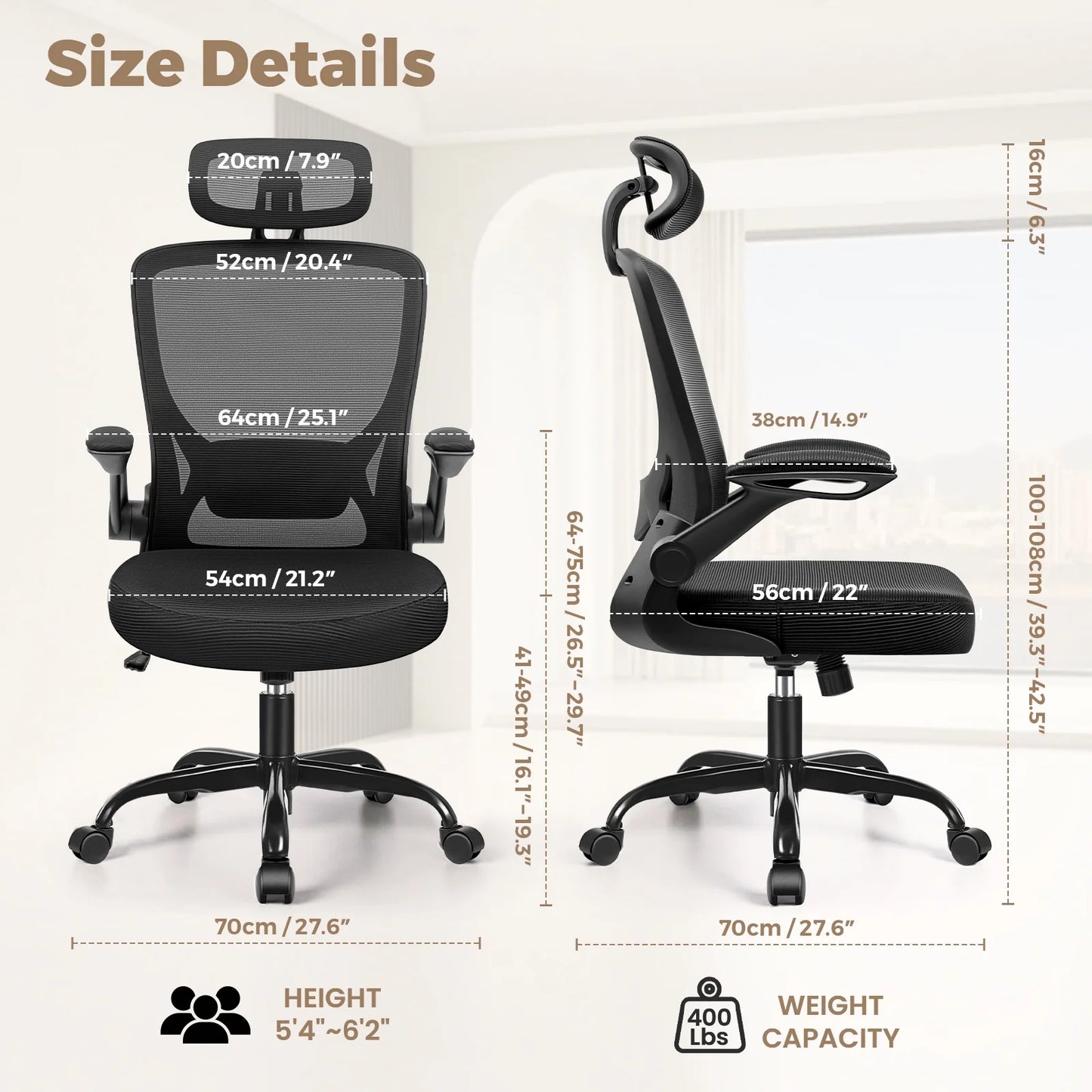 Office Chair Ergonomic Desk Chair, High Back Office Chair with Headrest, Big and Tall Comfy Home Office Desk Chair Lumbar Support Breathable Mesh Office Chair, Black