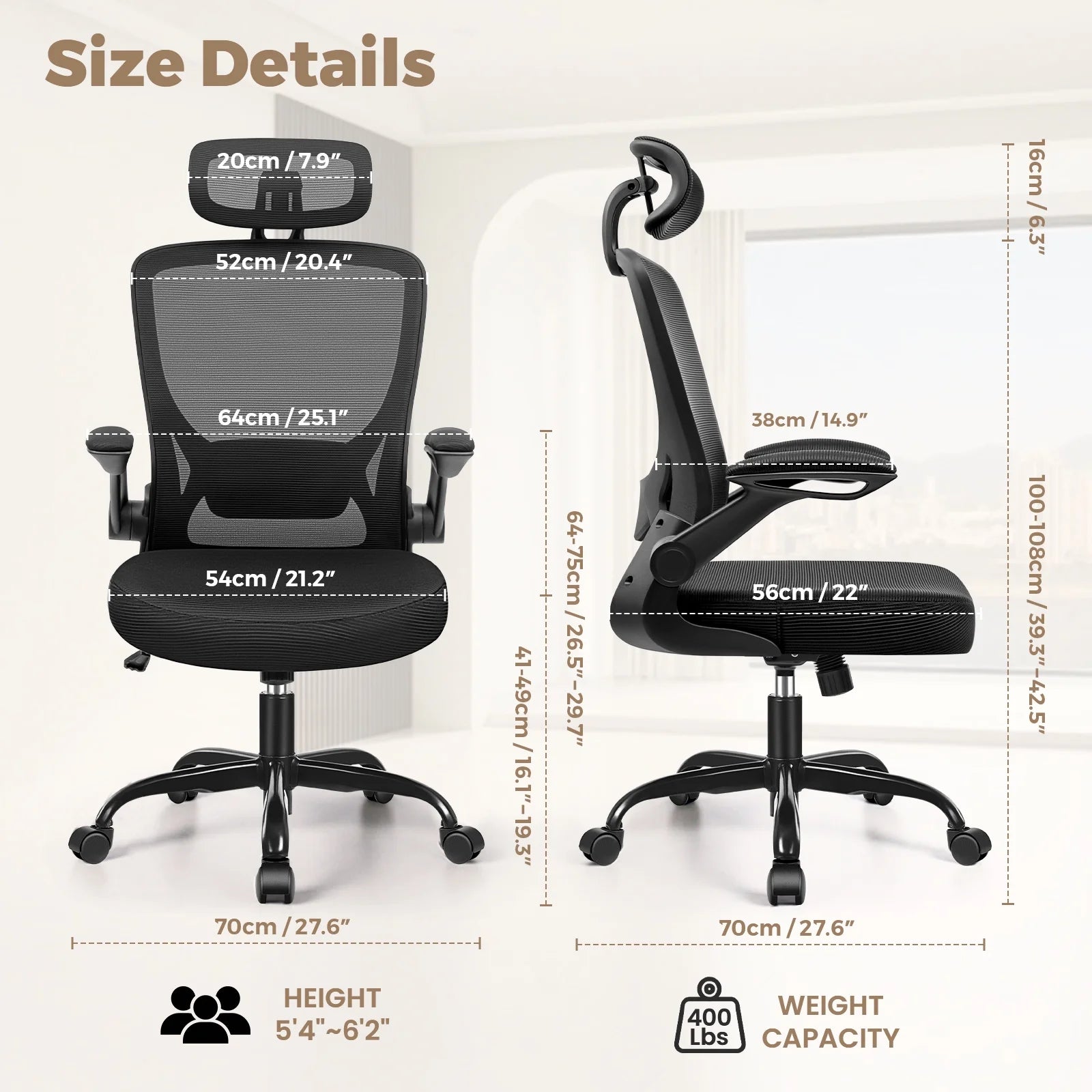 Office Chair Ergonomic Desk Chair, High Back Office Chair with Headrest, Big and Tall Comfy Home Office Desk Chair Lumbar Support Breathable Mesh Office Chair, Black