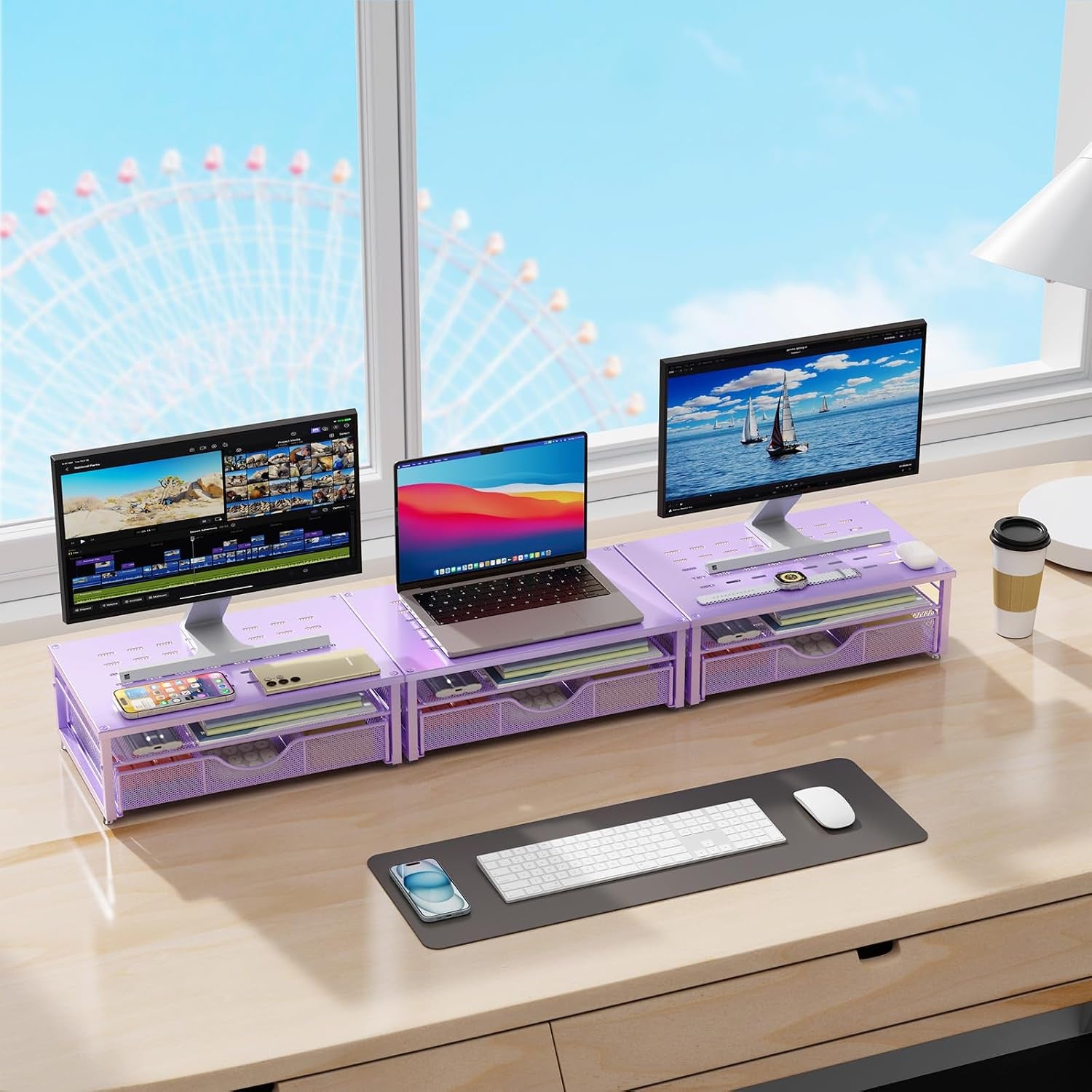 Computer Monitor Stand Riser, Office Organizer with Drawer, Office Organizers Storage for Classroom Office Supplies (Purple)