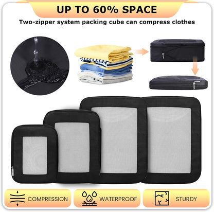 Ultralight Compression Packing Cubes Travel for Suitcases ，Compressible Mesh Packing Cubes for Travel Women Packing Organizers 4 Set