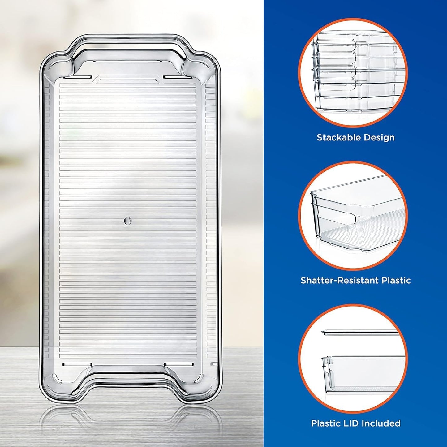 Refrigerator Organizer Bins 6-Piece - Plastic Storage Bins with Egg Holder - for Fridge, Freezer, Kitchen, Cabinet, Countertops, Pantry - Stackable Food & Drink Containers, 14.5"X7" - Clear