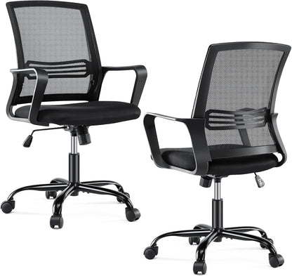 Office Chair - Ergonomic Office Chair Mid Back Office Desk Chair with Wheels Computer Chair with Lumbar Support Home Office Chair with Armrests for Adults, Black