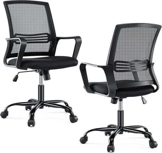 Office Chair - Ergonomic Office Chair Mid Back Office Desk Chair with Wheels Computer Chair with Lumbar Support Home Office Chair with Armrests for Adults, Black