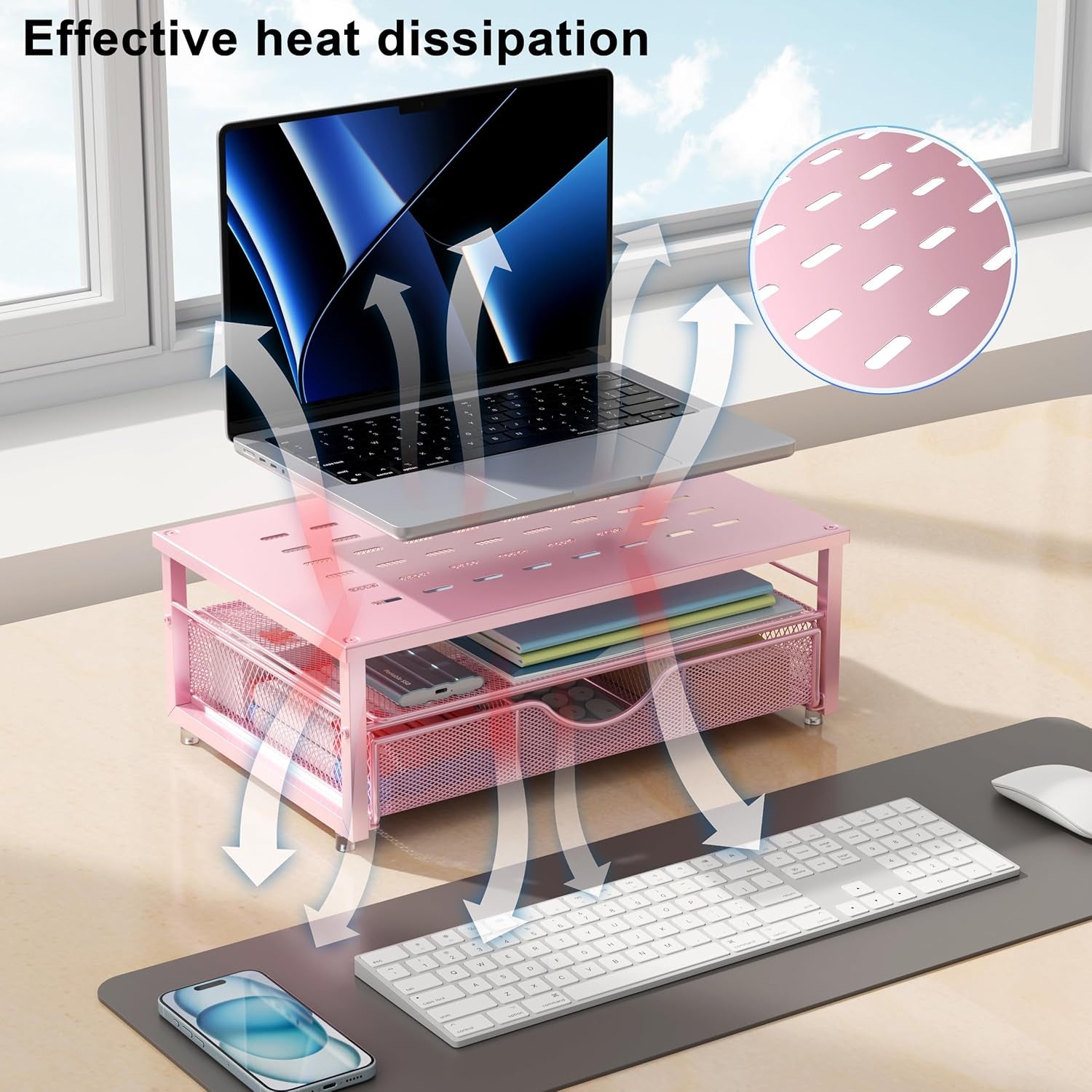 Computer Monitor Stand Riser, Office Organizer with Drawer, Office Organizers Storage for Classroom Office Supplies (Pink)
