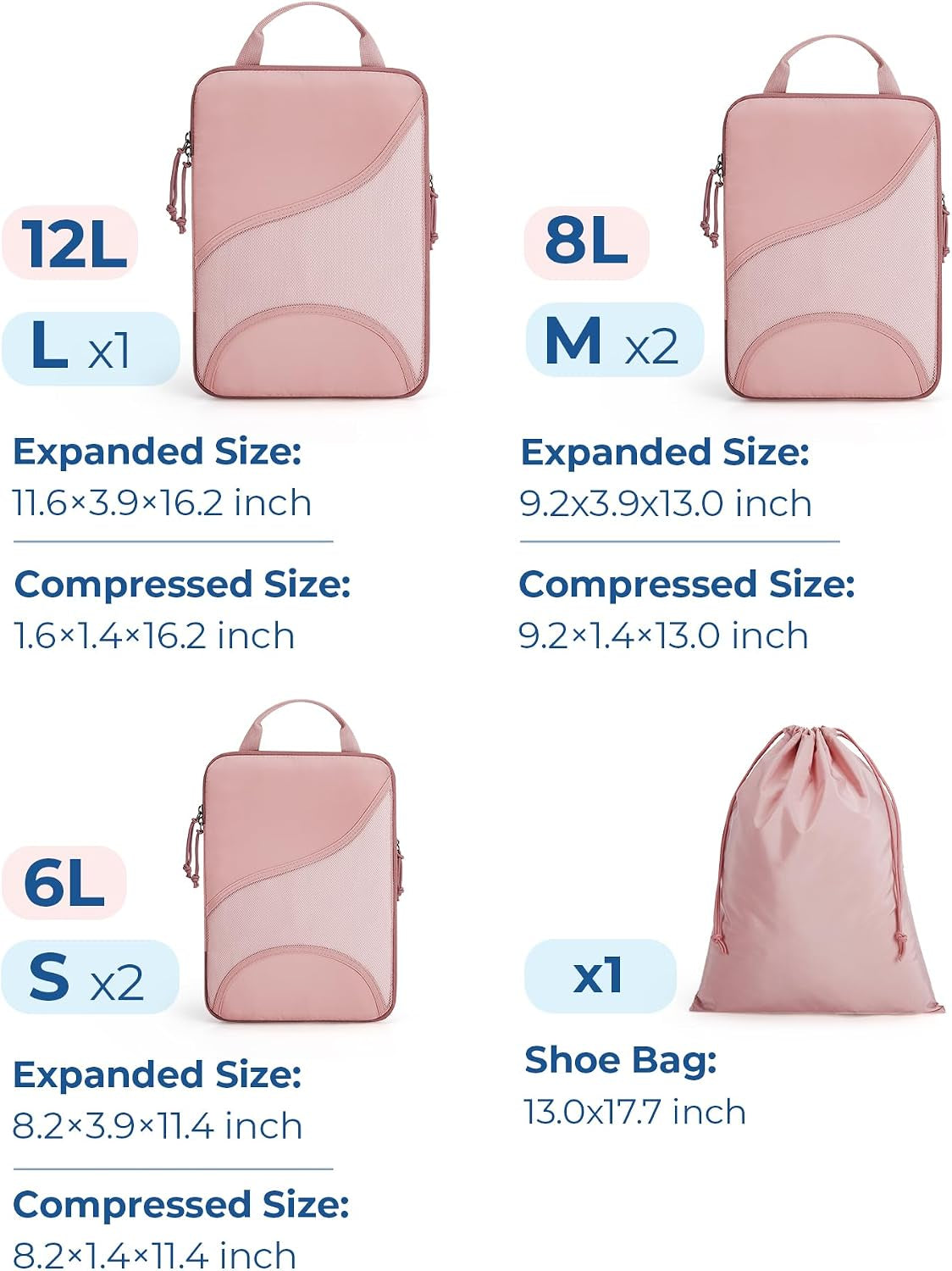 Compression Packing Cubes - 6 Set Travel Packing Cubes for Suitcases, Compression Suitcase Organizers with Shoe Bag
